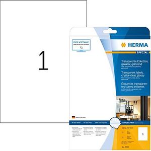 HERMA 8020 weerbestendige folie-etiketten A4 transparant (210 x 297 mm, 25 vellen, polyesterfolie, glanzend) zelfklevend, bedrukbaar, permanent klevende labels, 25 etiketten voor printer,Glanzend