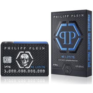 Philipp Plein No Limits Super Fresh Eau de Toilette, 90 ml, parfum voor mannen, frisse en houtachtige noten, een golf van energie, hedonisme en succes, glazen flesjes in zwart en blauw