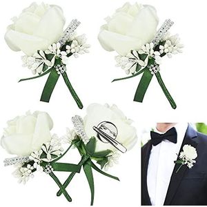 JUNMEIDO 4 STKS Rose Bruiloft Boutonniere Witte Boutonniere Handgemaakte Corsage Knoopsgat Bloemen Kunstmatige Bruiloft Prom Banket Bloemen Decor met Pin & Clip voor Bruidegom Mannen Bruids Vrouwen
