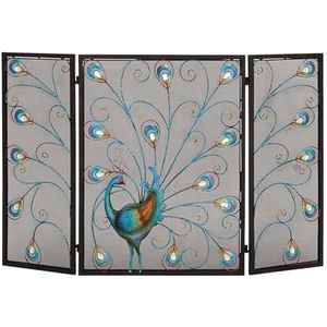 Deco 79 Metalen pauw opvouwbaar gaas gaas 3 panelen open haardscherm met kristallen accenten, 112 x 32 cm, zwart