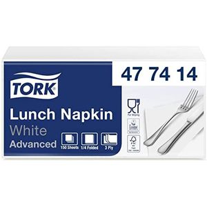 Tork Soft Lunchservet Wit, 1/4 gevouwen, 3-laags, 33 x 33 cm, 10 x 150 servetten, 477414