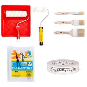 PENNELLIFICIO 2000 Professionele schilderset bestaande uit een grote rol en kleine rol, 3 penselen, kunststof schaal, plakband van papier om af te dekken, beschermzeil 4 x 4 m - Made in Italy