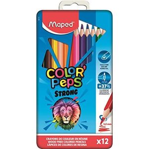 Maped - Kleurpotloden Strong Color'Peps – 12 stiften om in te kleuren, duurzaam en ergonomisch, metalen doos met 12 kunsthars-potloden