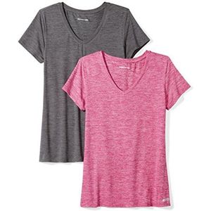 Amazon Essentials Dames Tech Stretch T-shirt met korte mouwen en V-hals (verkrijgbaar in grote maten), 2-Pack, Frambozenrood Ruimteverf/Houtskoolzwart Ruimteverf, XL