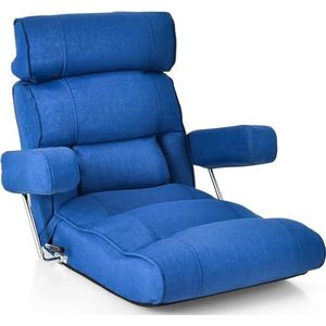 FANTASK Blauwe vloerstoel met hoofdsteun en opklapbare armleuningen, inklapbare Bondenbank met verstelbare rugleuning, lendensteun en vloerstoel, relaxstoel voor meditatie en lezen
