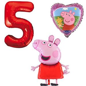 Ballonset Peppa Pig Peppa folieballon, getal 5 in rood, Peppa met teddyhart