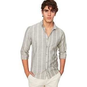 Trendyol Heren Khaki Heren Slim Fit Button Collar Thin Gestreept Shirt, S