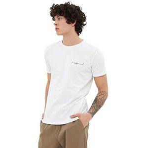 Trendyol Heren White Slim Fit ronde kraag korte mouwen bedrukt T-shirt, medium