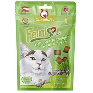 GranataPet FeiniSnack Gevogelte en kattengras, 1 x 50 g, traktatie voor katten, conventionele kattensnack, kattentraktatie zonder granen en toegevoegde suiker, beloning voor speelse fluwelen poten