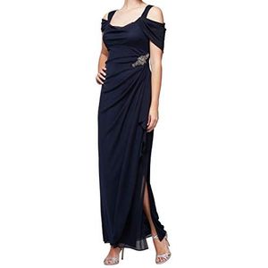 Alex Evenings Women's Long Cold Shoulder Dress, Mother of The Bride, Formal Events (Petite and Regular Sizes), Beaded Navy, 10