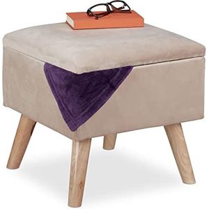 Relaxdays hocker met opbergruimte, zacht, vierkant, met houten poten, poef woonkamer, HBD: 40x40x40 cm, creme