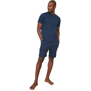 Trendyol Man Effen gebreide T-shirt-korte pyjama set, Donkerblauw, L