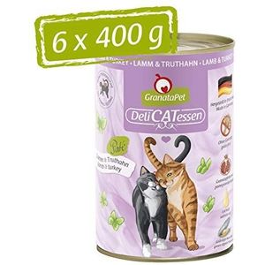 GranataPet DeliCatessen lam & kalkoen, natte voer voor de kat, voedsel voor katten zonder granen en zonder toegevoegde suikers, lekker en gezond voer voor gourmets, 6 x 400 g blikken
