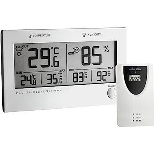 TFA Dostmann radiografische thermo-hygrometer TWIN PLUS, 30.3049, weergave van binnen- en buitentemperatuur en luchtvochtigheid, temperatuuralarm, max.-min.-functie, zilver, (L)137 x (B)17 x (H)83 mm