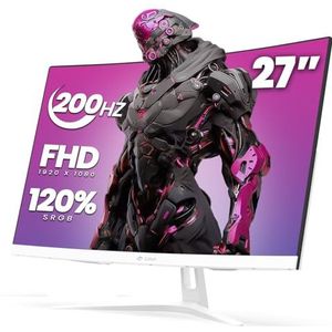 CRUA 27 inch gebogen gamingmonitor, FHD 1920 x 1080P, 165Hz/200Hz computermonitor, 1800R VA-scherm, 99% sRGB, ondersteuning AMD FreeSync, blauw lichtfilter, HDMI en DP, wandmontage, wit