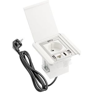 GTV - Meubelstopcontact FLIP, inbouwstopcontact, 1 x French stopcontact, 2 x USB A, 1 x RJ45, 1 x HDMI, kabellengte 1,5 m, kleur wit, voor bureaus, tafelblad, keuken en kantoor