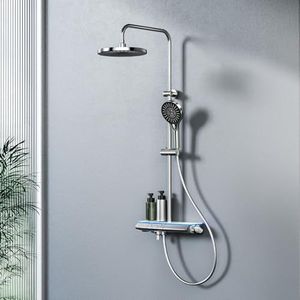 EMKE Thermostatische douchezuil met regendouche en 3 handmatige douchemodi, verchroomd, 3-in-1 functie, instelbare hoogte 700-1100 mm, zachte omgevingsverlichting, 375 x 420 x 1100 mm