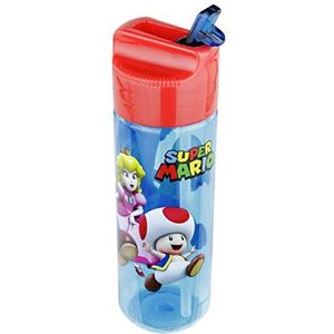 P:os 33165 - drinkfles voor kinderen, ca. 540 ml, transparant design met Super Mario-motief en geïntegreerd rietje om op te klappen, van kunststof, BPA-vrij en ftalaatvrij