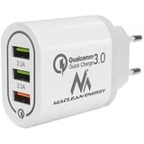 Maclean Energy MCE479 W oplader - wit Qualcomm Quick Charge QC 3.0-3.6-6VV / 3A, 6-9V / 2A, 9-12V / 1.5A en 2 stopcontacten 5V / 2.1A Wit