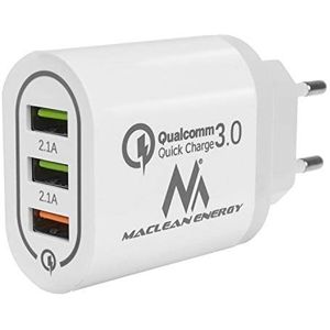 Maclean Energy MCE479 W oplader - wit Qualcomm Quick Charge QC 3.0-3.6-6VV / 3A, 6-9V / 2A, 9-12V / 1.5A en 2 stopcontacten 5V / 2.1A Wit