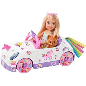 Barbie Club Chelsea Pop (ca. 15 cm, blond) met open auto met regenboogeenhoornthema, puppy, stickervel en accessoires, cadeau voor kinderen van 3 tot 7 jaar, GXT41