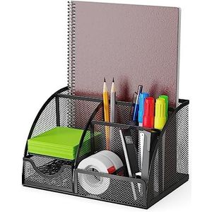 Bureau-organizer en etui met lade en 6 vakken van zwart metalen gaas. Ruimtebesparende bureau-organizer voor pennen, potloden, plaknotities, clips en nietmachines