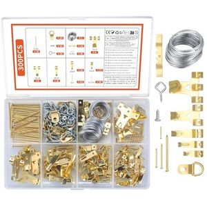 Bilderhaken Ophangsysteem Set, 300 Stuks Haken voor Foto's, met Draad, Zaaghangers, Oog Schroefogen, D-Ringen, Stalen Haken & Nagels voor Houten Fotolijsten, Schilderijen en Kunstwerken.