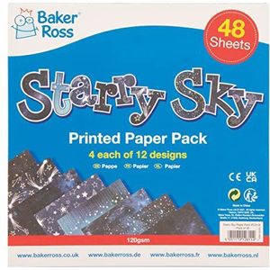 Baker Ross FC213 Sterrenhemel bedrukt papier - pak van 48, creatieve kunstbenodigdheden voor kinderen, ideaal voor knutselen en decoraties maken