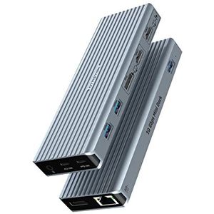 Qhou Laptop Docking Station 11 in 1 Docking Station USB C met twee 4K @60Hz video-uitgangen, twee monitoren, 3x USB 3.1 10 Gbit/s, 2 x HDMI, Gigabit Ethernet en audio