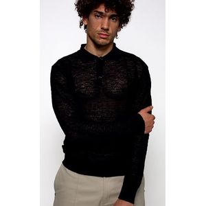 Diana Studio - Poloshirt van gebreid, heren, linnen en zijde, lange mouwen, casual fit, gemaakt in Italië, Blauw Navy, S