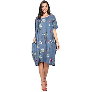 Bonateks Damesjurk van 100% linnen, gemaakt in Italië, halflange jurk met ronde hals, ruches, marineblauw, maat: XL, Marineblauw, XL