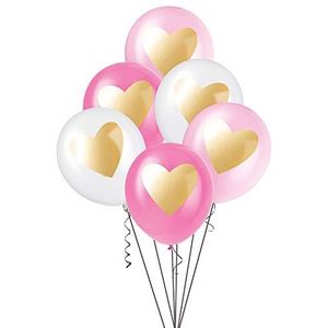 Unique 57080 - Latex feestballonnen - 30 cm - Roze en witgouden hartontwerp - Pak van 6
