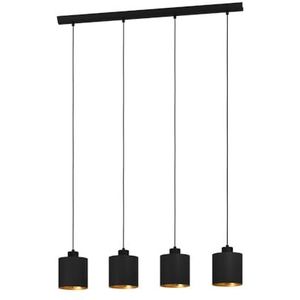 EGLO Hanglamp Zaragoza, 4-lichts pendellamp boven eettafel, textiel lamp hangend voor woonkamer en eetkamer, eettafellamp met stoffen lampenkap in zwart en goud met decor, E27 fitting