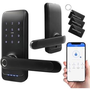 EURA ELH-01H4 Smart deurslot met handgreep, codeslot, 13,56 MHz nabijheidslezer, biometrische lezer, app TTLock/TTHotel, IP65, universele vergrendelafstand, zwart