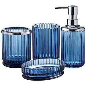 4 stuks zwaargewicht fatsoenlijke blauwe glazen badkamer accessoires set met decoratief geperst patroon - inclusief handzeepdispenser & beker & zeepbakje & tandenborstelhouder (kobaltblauw)