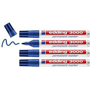 edding 3000 permanent marker - blauw - 4 stiften - ronde punt 1,5-3 mm - sneldrogende permanent marker - water- en wrijfvast - voor karton, kunststof, hout, metaal - universele marker