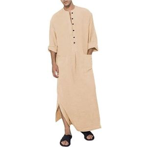 YAOHUOLE Kaftan voor heren, V-hals, lange mouwen, knopen, hoge thobe, zijsplit, katoen met zakken, 01 kaki, L