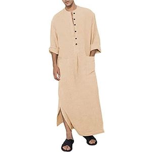 YAOHUOLE Heren kaftan V-hals lange mouwen kaftan heren lange knoop hoog hoog splitkatoen met zakken, 01 kaki, L