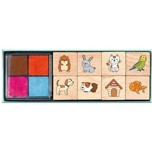 Moses Stempelset voor huisdieren, 8 verschillende houten stempels, set met kinderstempels en vierkleurig stempelkussen, in praktische geschenkdoos met kijkvenster