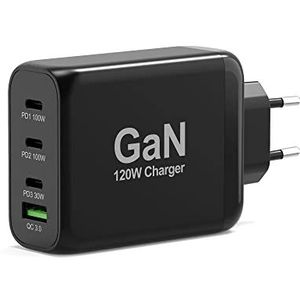 Port Connect GaN USB-C Power Delivery & USB-A Quick Charge wandlader 120 W met kabel type C 2 m, zwart