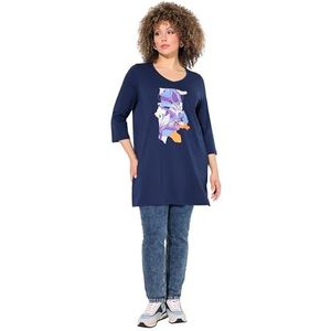 Ulla Popken - Shirt - Blauw - Motiefprint - Driekwart Mouw - Lange Pasvorm