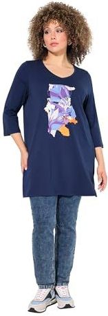 Ulla Popken - Shirt - Blauw - Motiefprint - Driekwart Mouw - Lange Pasvorm