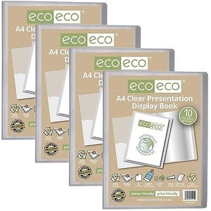 eco-eco A4 formaat 50 procent gerecycled 10 Pocket Clear Presentatie Display Book, Opbergkoffer Portfolio Art Folder met Plastic Mouwen, Pack van 4, eco125x4