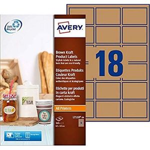 Avery Productetiketten, 18 per vel, 62 x 42 mm, bruin, kraftpapier, rechthoekig, Ref. L7110-20, 360 etiketten