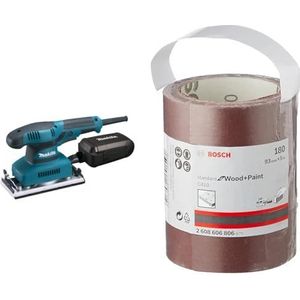 Makita Werkzeug GmbH BO3711J Vlakschuurmachine 190 W in Makpac, zwart, blauw, (L x B x H) 253 x 92 x 154 mm & Bosch Accessories schuurrol voor zacht hout (93 mm, 5 m, korrel 180, C410)