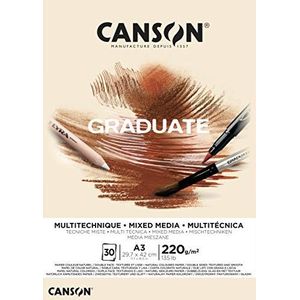 Canson Graduate, gemiddeld gemengd papier, dubbelzijdig: generfd en glad, 220 g, aan de korte zijde gelijmd, A3-29,7 x 42 cm, natuurlijk, 30 vellen
