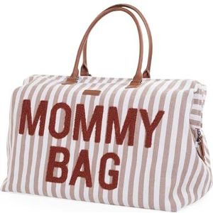 CHILDHOME, Mommy Bag, luiertas, moederschap, reistas, grote capaciteit, aankleedmat, verstelbare schouderriem, vakken, koeltas, koffer, terracotta strepen