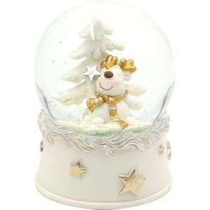 Sneeuwbol - eland - met gouden accenten op witte sokkel met gouden sterren, L/B/H/Ø bal 6,5 x 6,5 x 9 cm Ø 6,5 cm