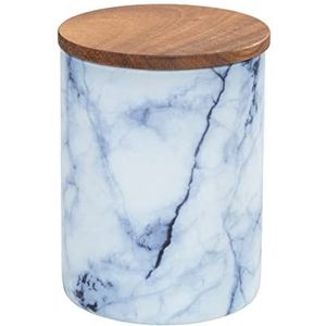 WENKO Voorraadpot Mio, bewaarpot van borosilicaatglas in marmerlook in blauw/wit met luchtdicht deksel van FSC®-gecertificeerd bruin acaciahout, 1 liter, Ø 11 × 14,5 cm