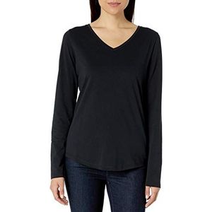 Amazon Essentials Dames 100% Katoen Relaxed-fit V-hals T-shirt met lange mouwen,Zwart,XS-S